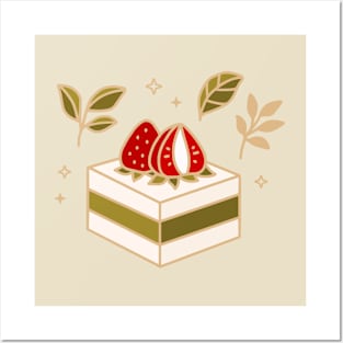 Matcha cake with strawberries Posters and Art